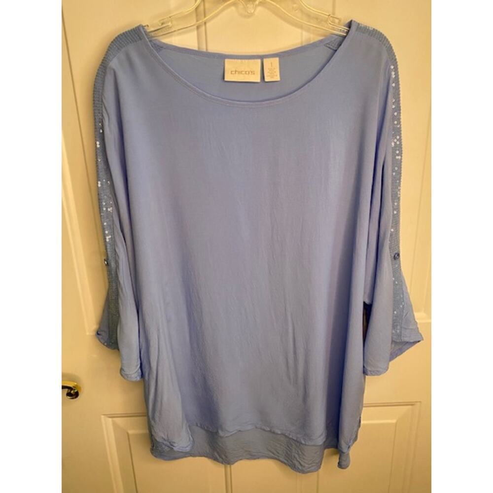 Chico's Womens Pullover Blouse Size 1 Medium Blue Sequin on Roll Tap Sleeve